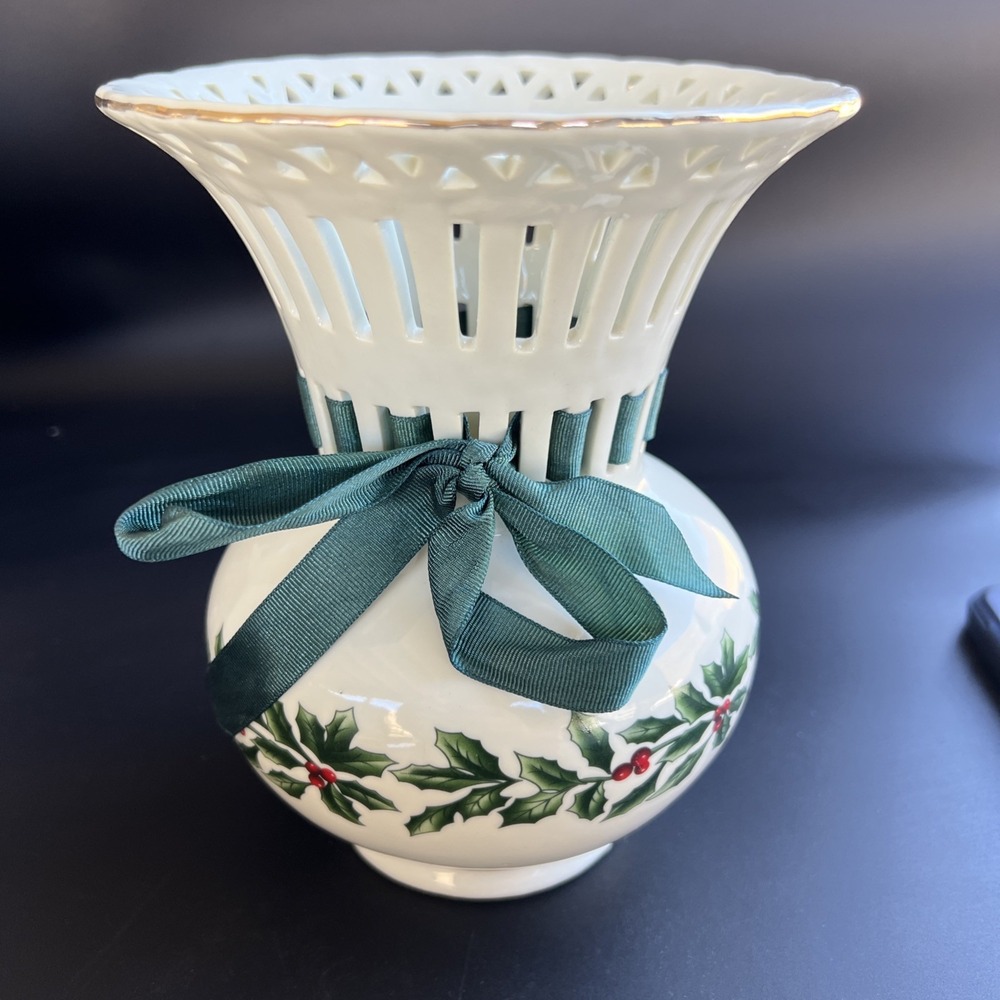 Formalities Ivory Ceramic Christmas Holly Vase Reticulated w Woven Ribbon Bow